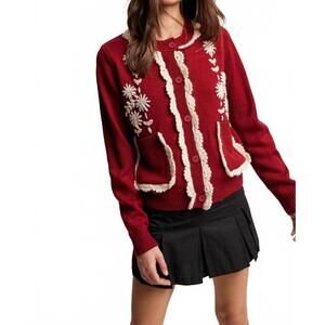 NEW LISTICLE daisy embroidered trim cardigan sweater in crimson